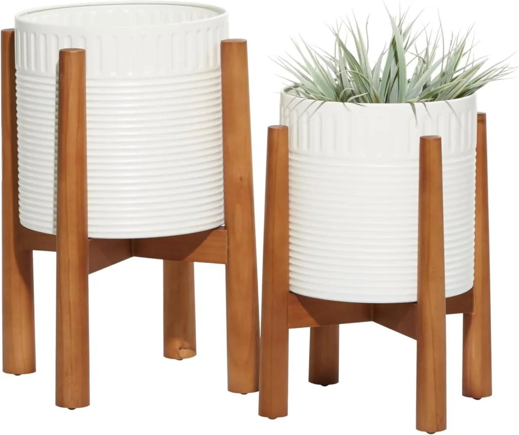 Stylish Metal Planter Set with Wood Stand